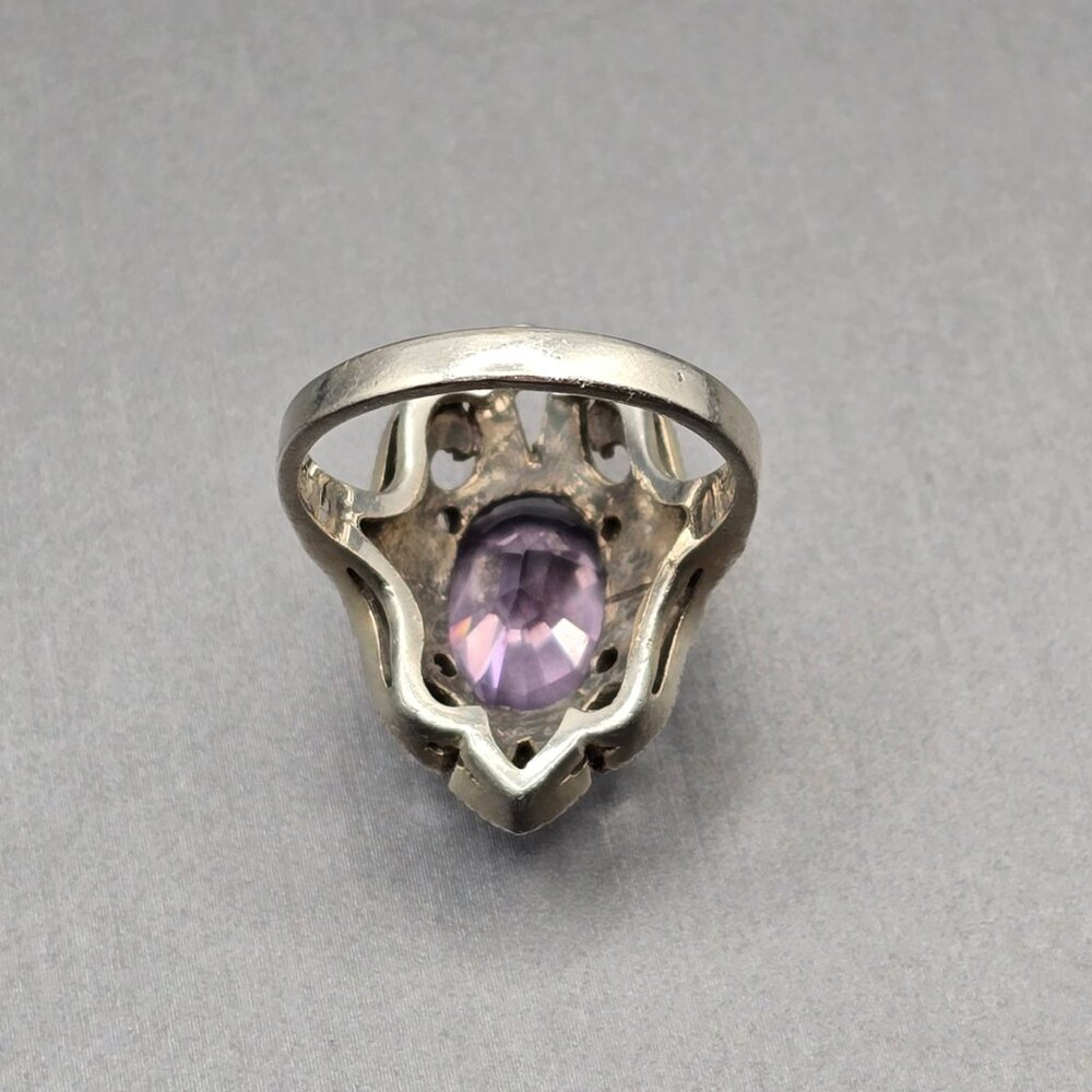 VTG Sterling Silver Amethyst Marcasite Cocktail Ring Size 6.5 Signed TH Art Deco - Picture 4 of 13